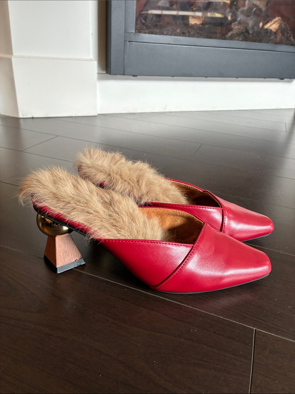 Faux fur lined red mules with geometric sculptural heel size 6 - 6.5